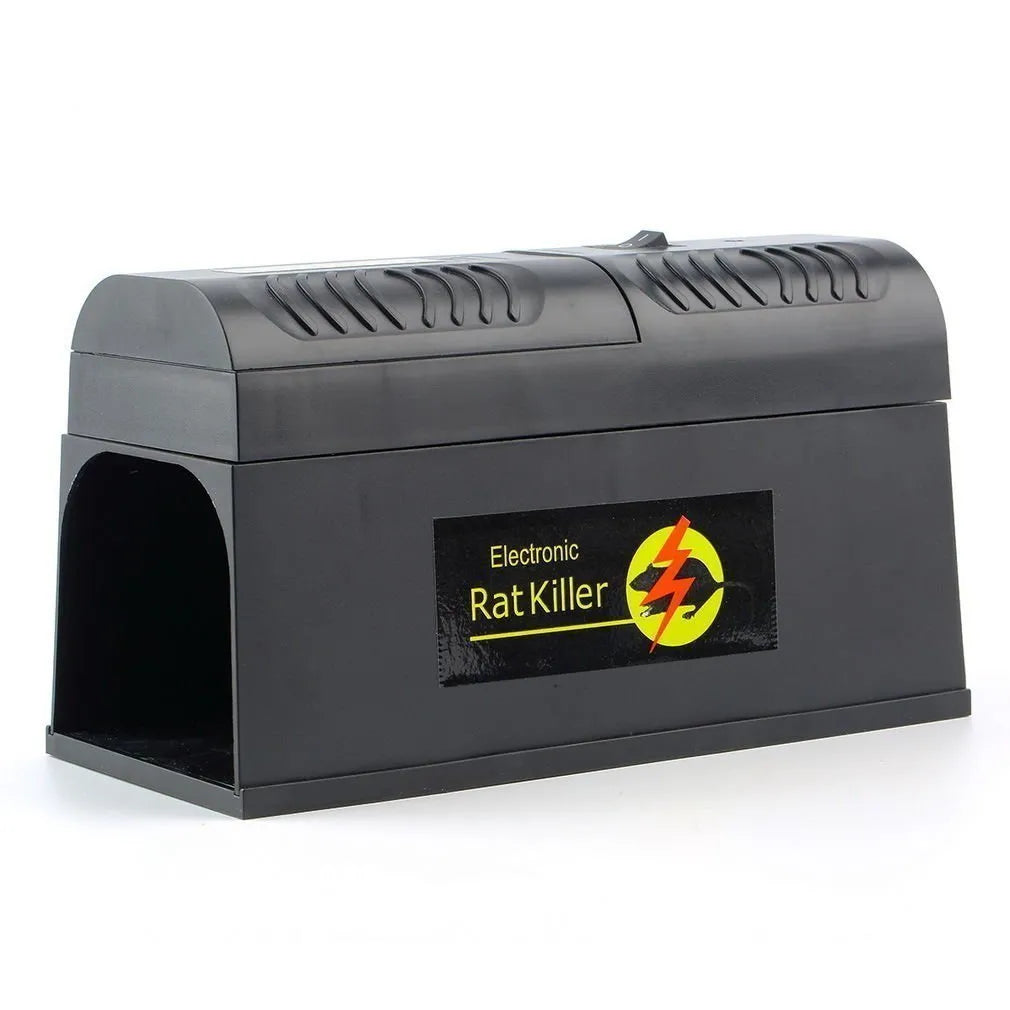 Black electronic rodent killer device measuring 208x115x75mm with high voltage trigger for pest control