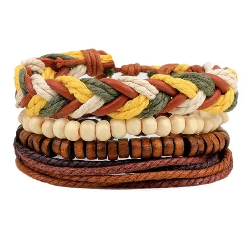 Hand-woven leather bracelet with wooden beads and adjustable design for vintage punk style