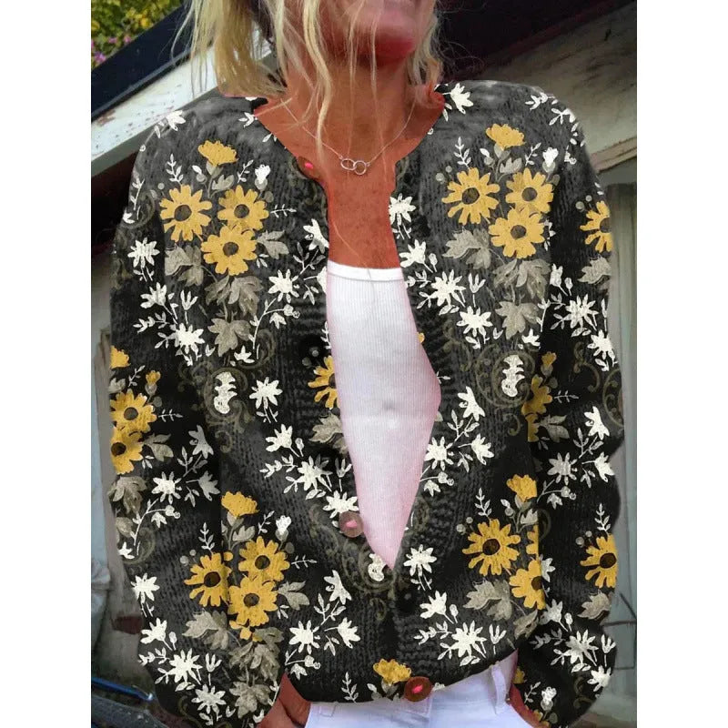 Yellow digital print cardigan with a raised 3D pattern, shown as an open knit coat.