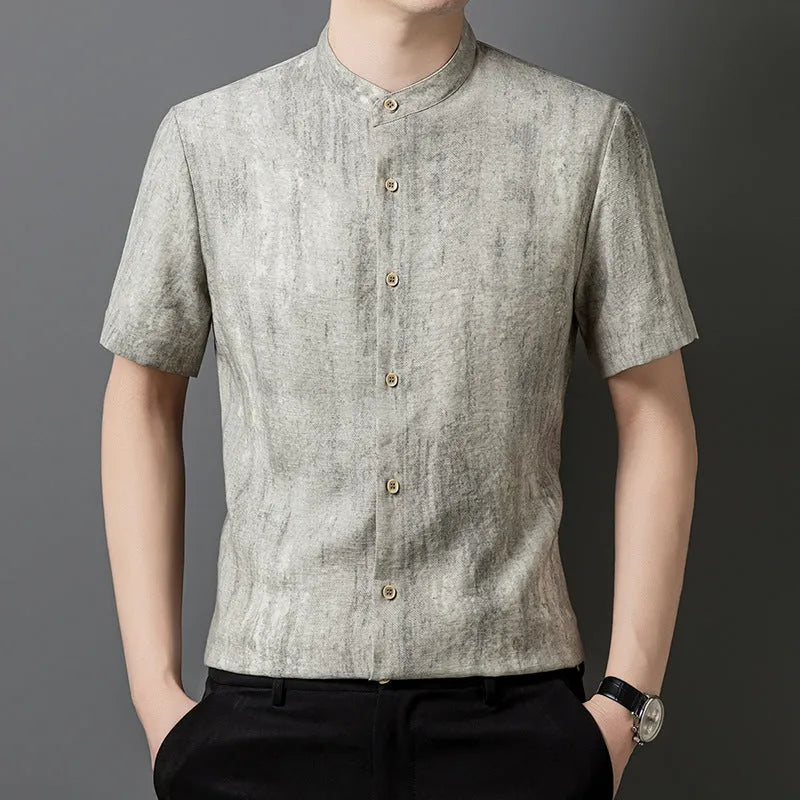 Men's loose fit linen cardigan shirt in grey colour with stand collar