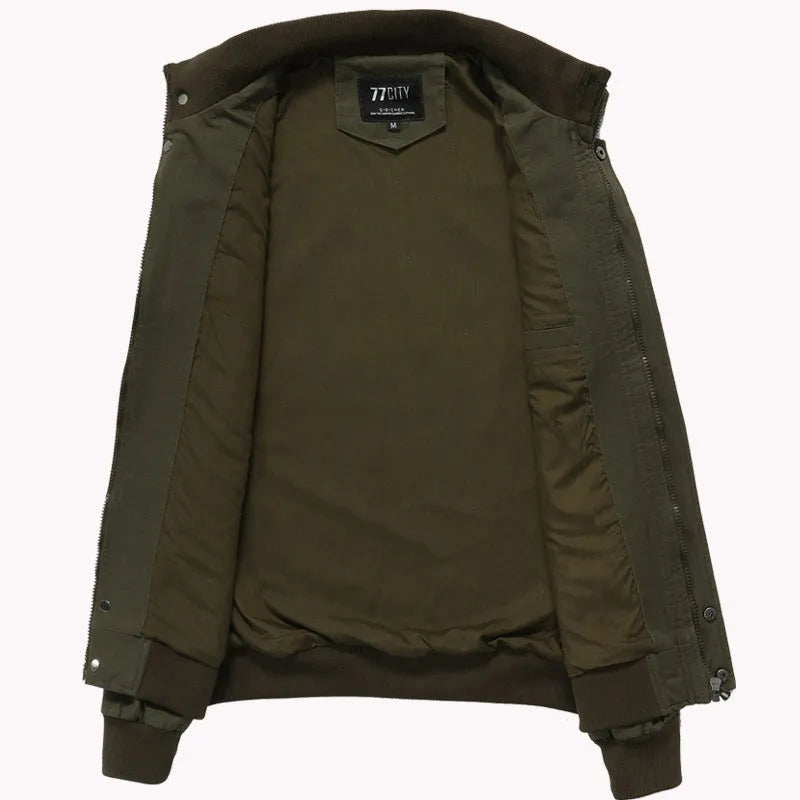 Men's khaki cotton military pilot bomber jacket with badge and side pockets