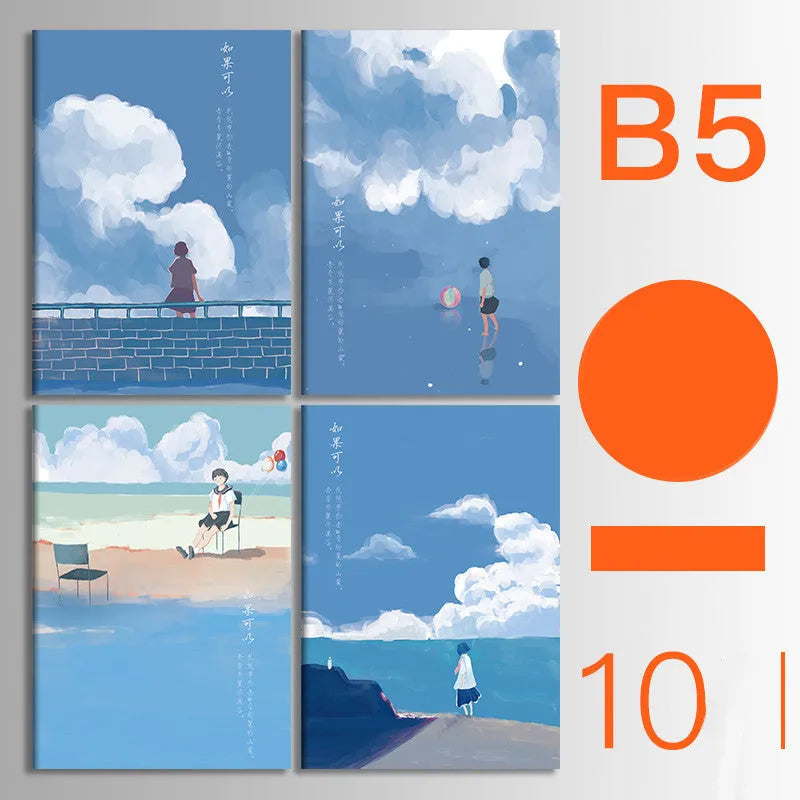 Pack of 10 A5 and B5 soft cover kraft paper notebooks with various designs, showing thread binding.