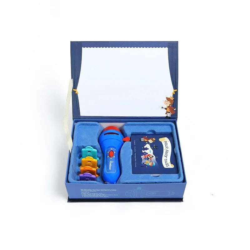SmartKids handheld story projector torch with clip-on discs projecting fairy tale images on a wall.