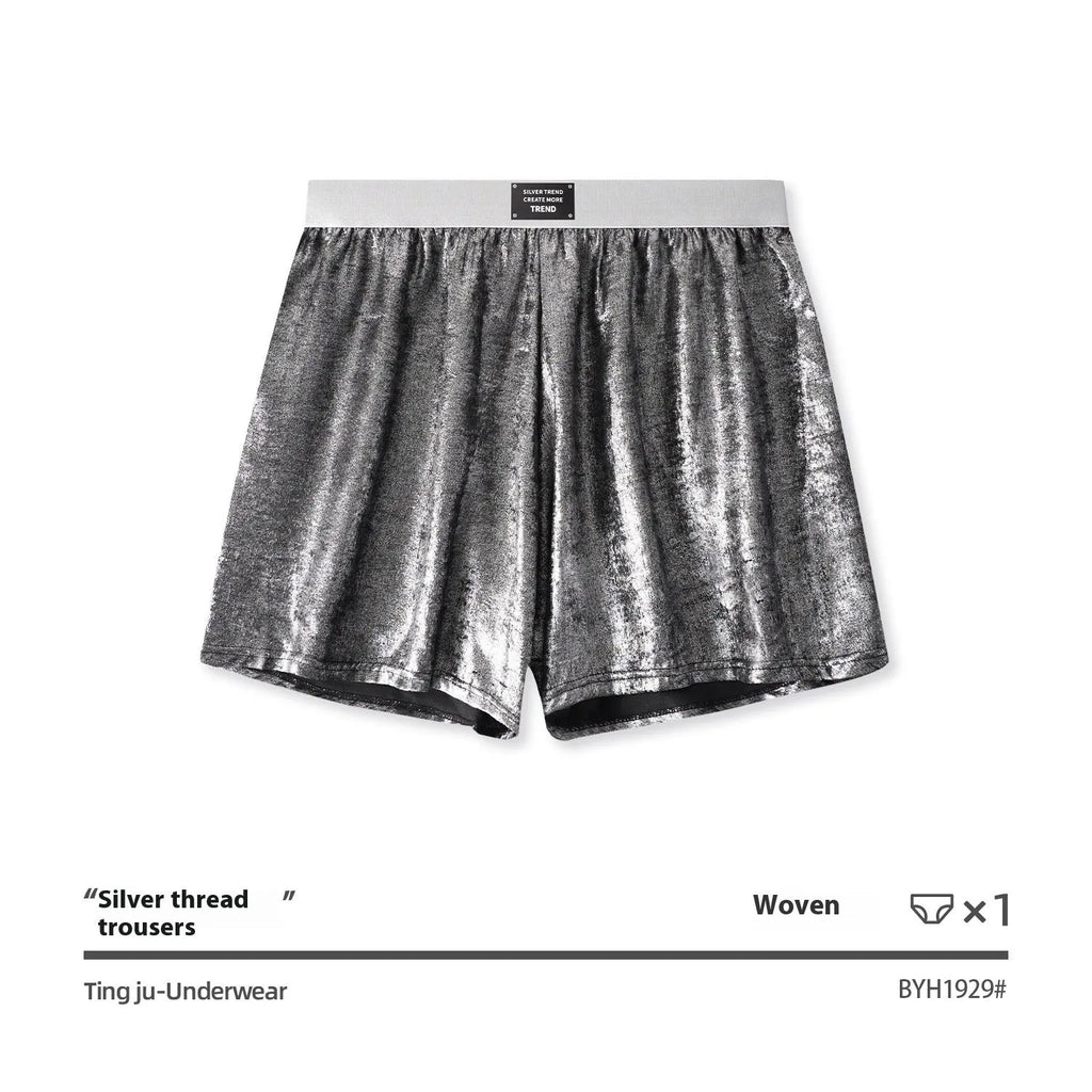 Men's casual woven underwear in reflective silver with mid-waist design for sports activities