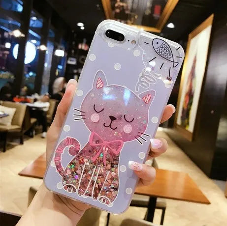 Glittery cat-themed protective case for iPhone models 6 through X.