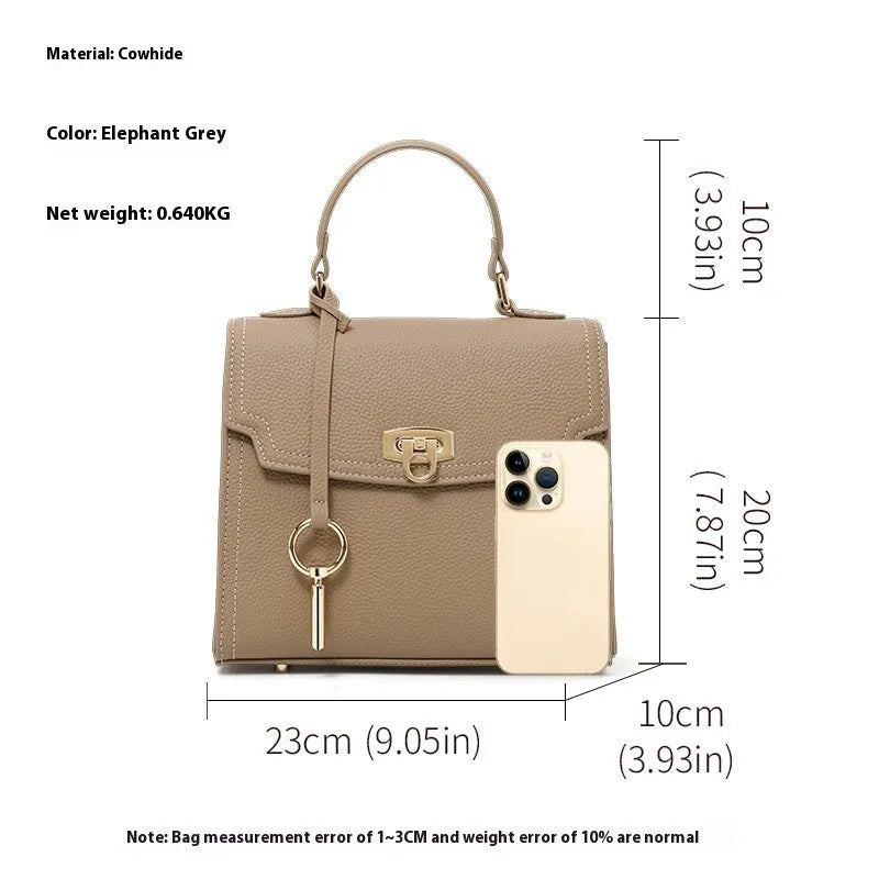 Elephant grey genuine leather vintage lock handbag with crossbody strap and square shape