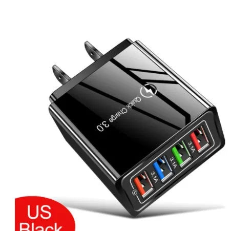 Four-port USB wall charger plug in multiple colours with European or British plug options