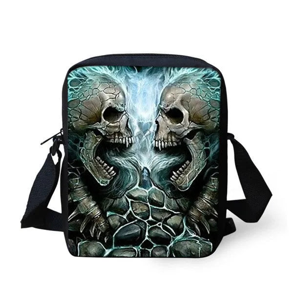 Medium-sized children's messenger bag with skull patterns in various colours showing double straps and zipper opening