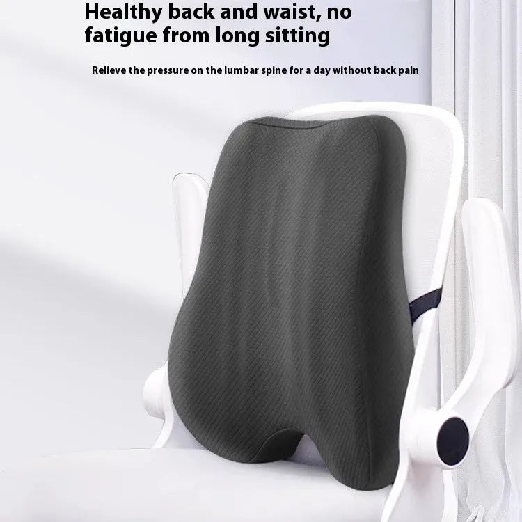 Grey lumbar support cushion for office chair measuring 40x40x8cm