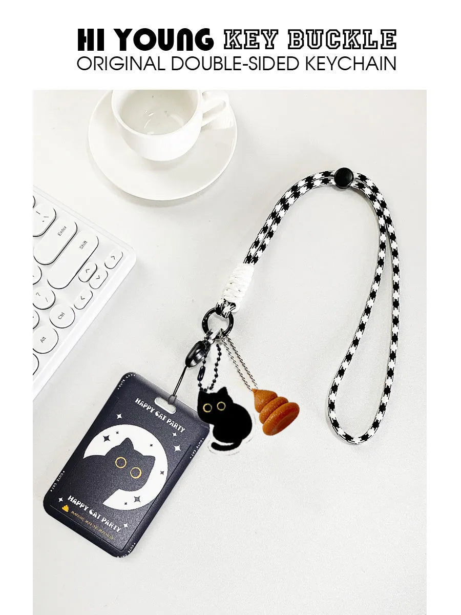 Black cat cartoon design plastic card holder with pendant attachment for bus subway student ID cards