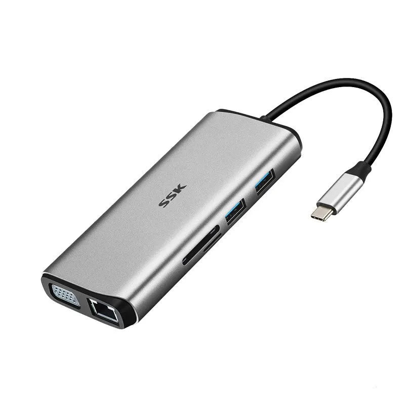 11-in-1 USB C hub adapter with HDMI VGA USB 3.0 Ethernet PD and card reader ports, metal casing