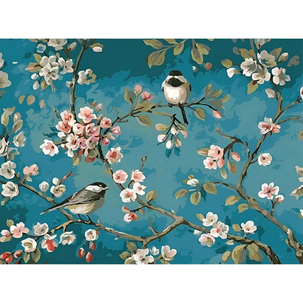 Hand-painted abstract blue floral and bird digital oil painting on linen canvas, 40x50cm unframed