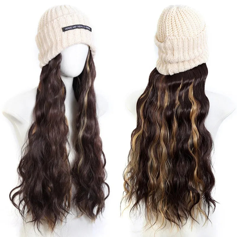 Hat wig with knitted hat and long curly high temperature fibre synthetic hair for ladies