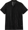 Men's black knitted short-sleeved button shirt with Jacquard texture and cardigan style.