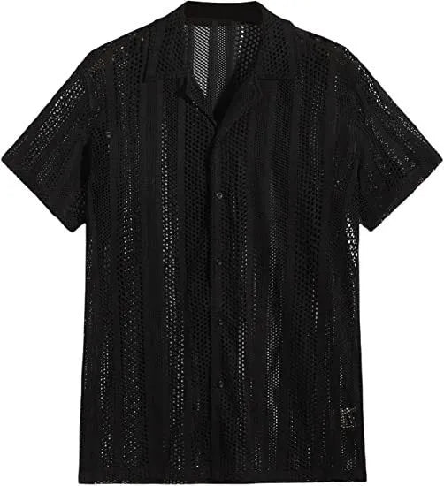 Men's black knitted short-sleeved button shirt with Jacquard texture and cardigan style.