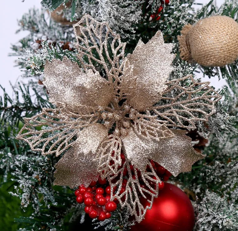 Gold glitter Christmas tree wreath 16cm diameter on white background
