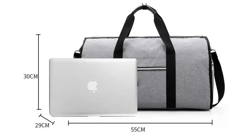 Medium-sized red cylinder travel bag with a zipper opening and carry handles.