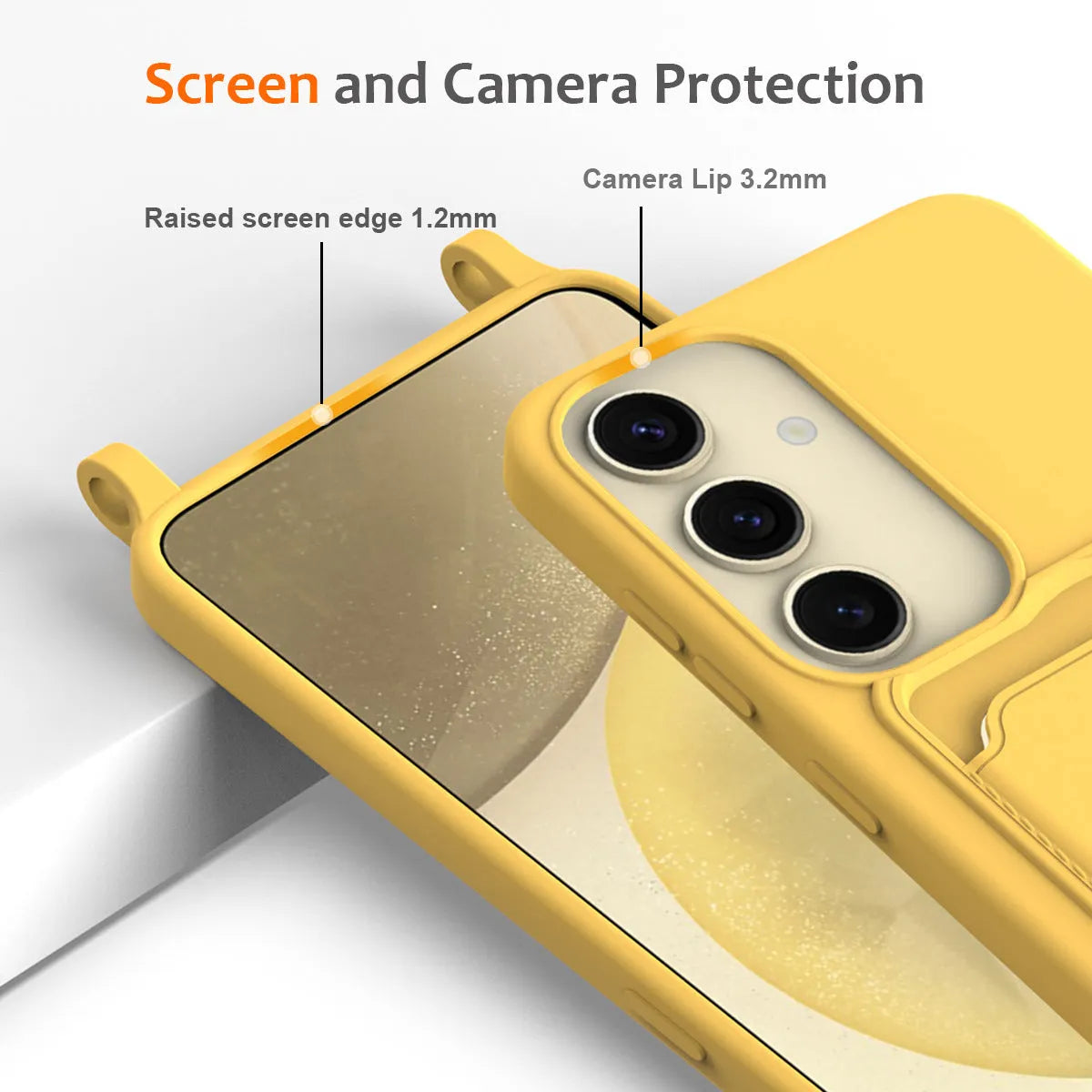 Samsung silicone protective case with lanyard and card holder in lemon yellow on a white background