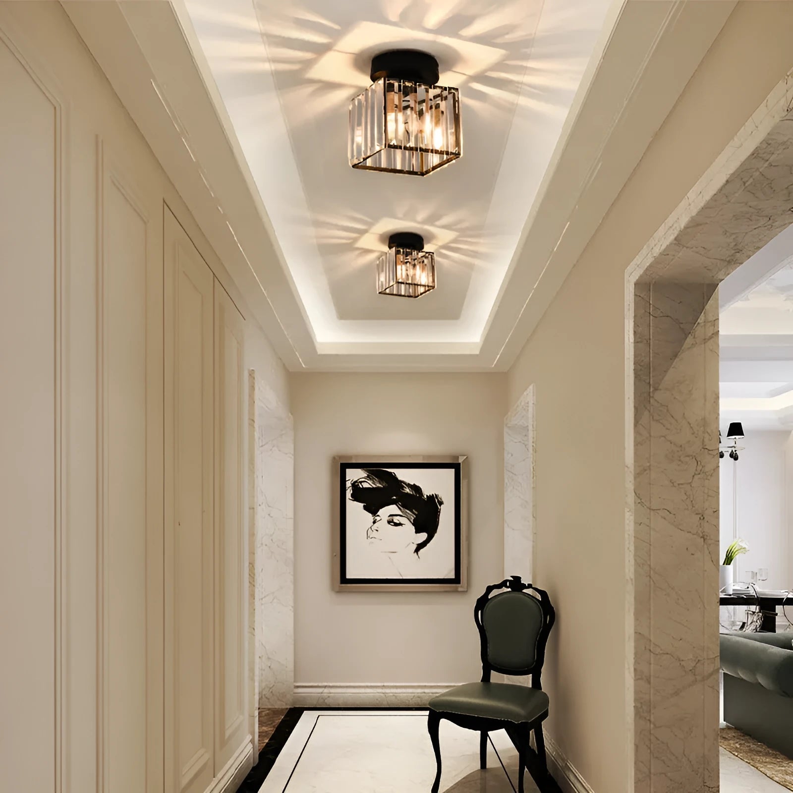 Nordic crystal hallway ceiling lamp in round black finish with crystal details