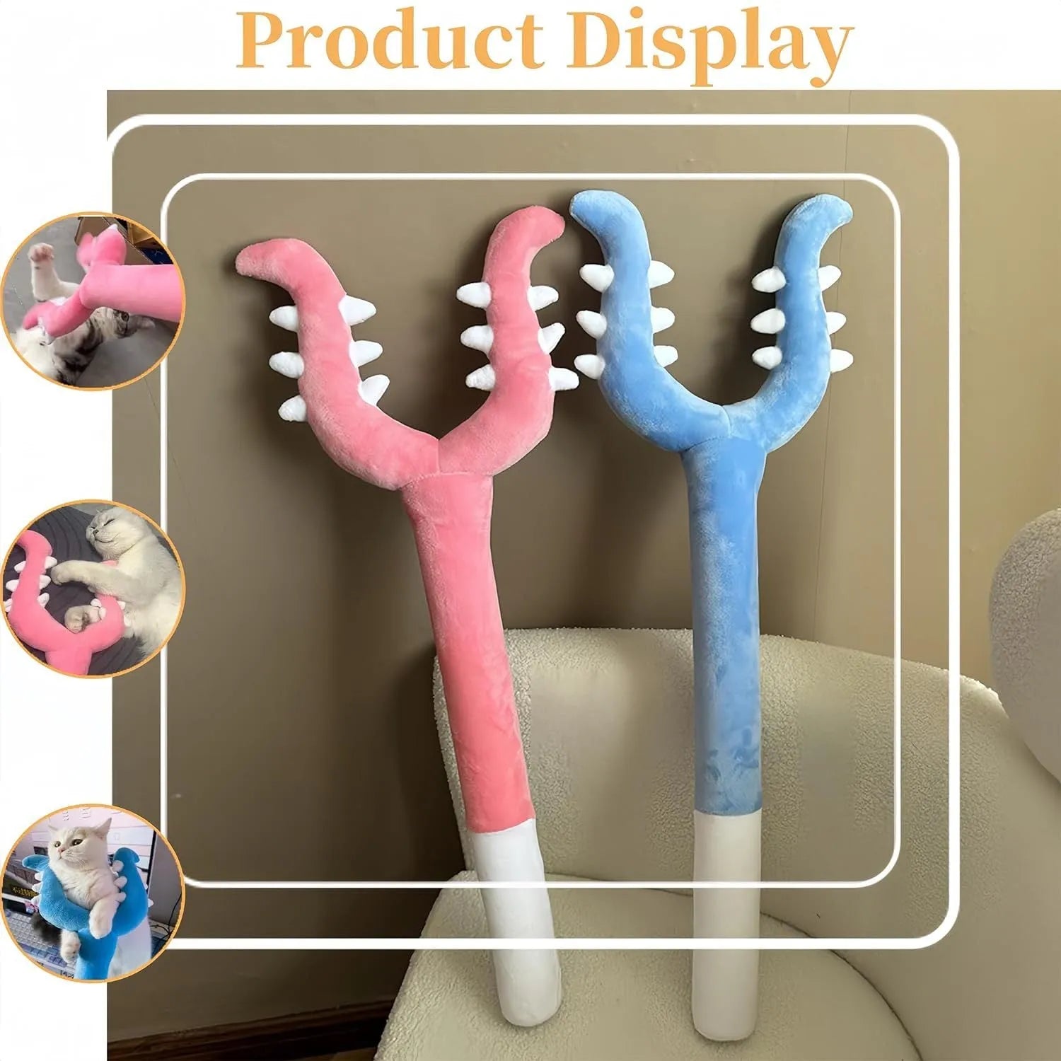 70cm blue plush cat wand toy with foam-filled front section for indoor play with cats and dogs