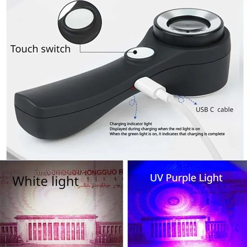 Black and silver jewellery tobacco alcohol appraisal magnifying glass with optical glass lens and USB-C cable