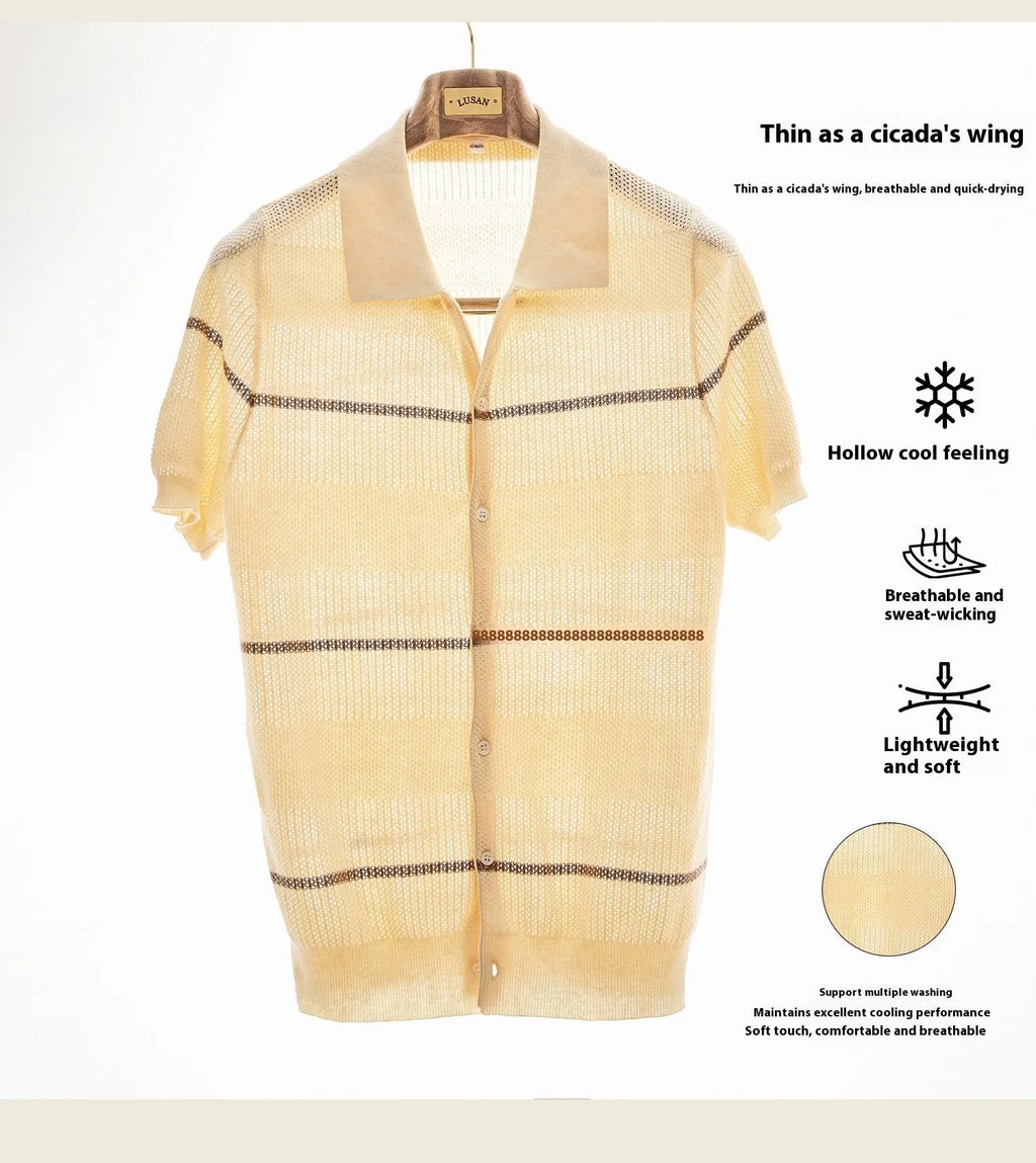 Man's camel coloured lapel cardigan with short sleeves, made from a cotton and linen blend fabric.