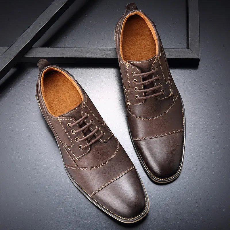 Men's leather lace-up casual shoes with cowhide upper and rubber sole in brown