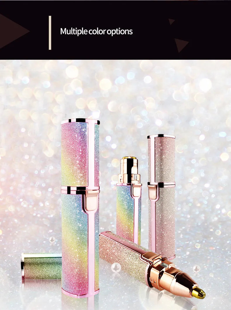 Lipstick shape electric eyebrow trimmer with gold plated head in Rainbow or Starry Sky colour, 2.5 x 2.5 x 12.5 cm.