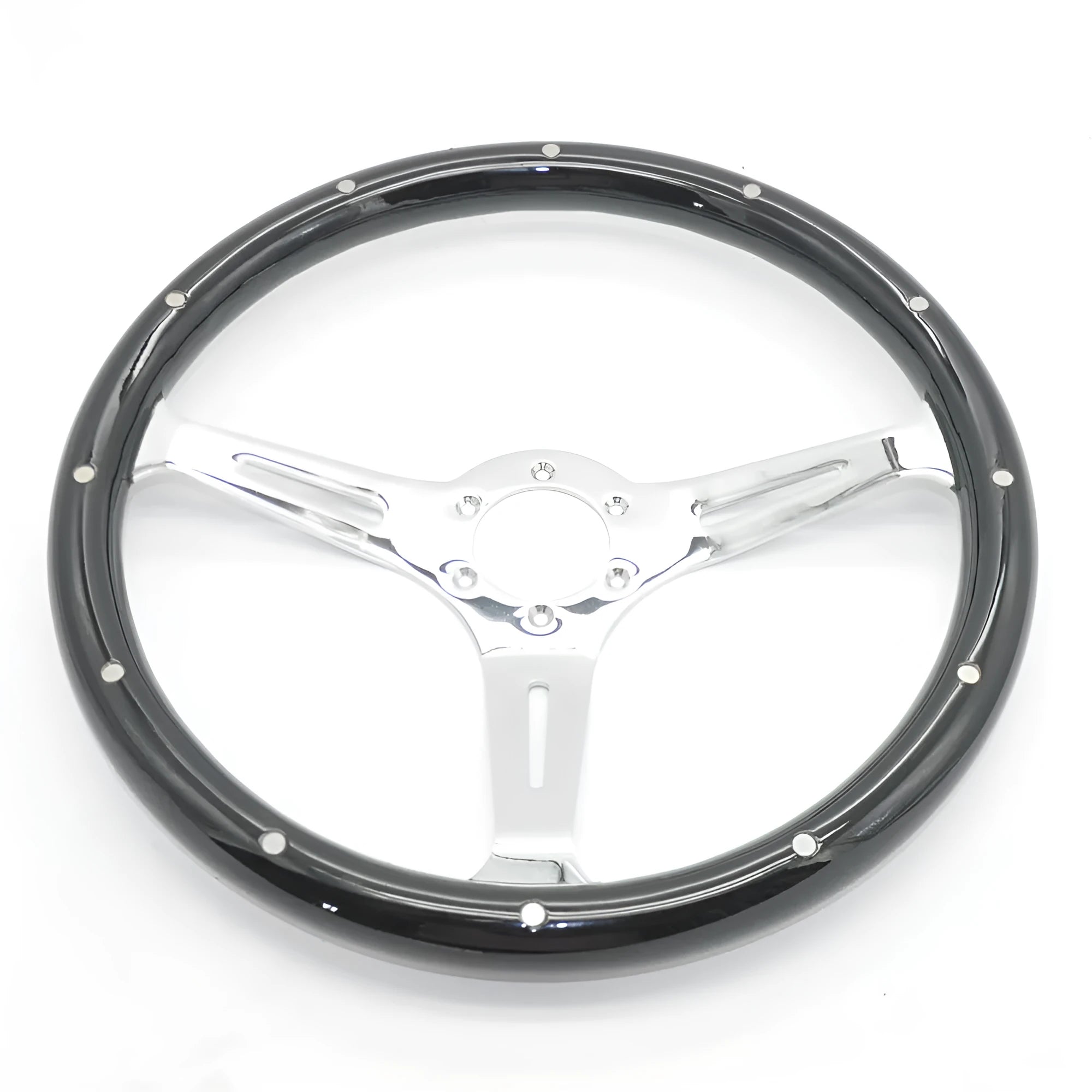 15-inch black electroplated wooden steering wheel for classic cars with six-hole mounting pattern