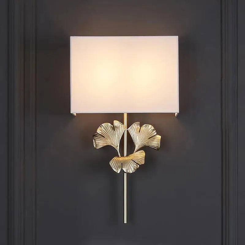 American-style all-copper ginkgo leaf wall lamp with white shade, brass finish, 530x300x120mm