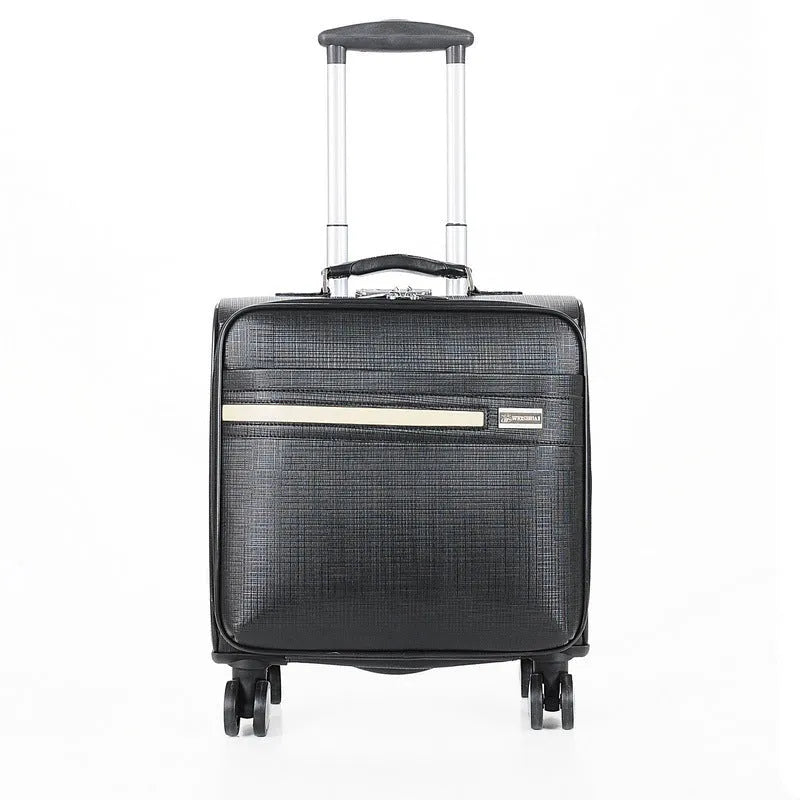Black 18-inch PU leather business case with retractable handle, TSA lock, and airplane wheels.
