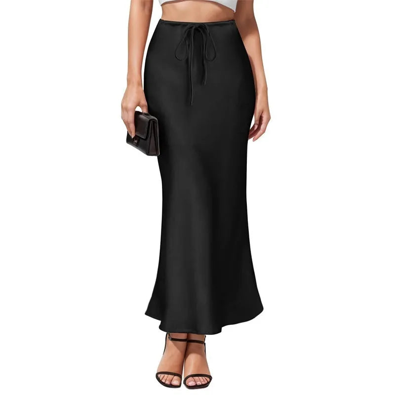Asymmetric high-waist acetate satin skirt in solid colour with irregular stitching detail