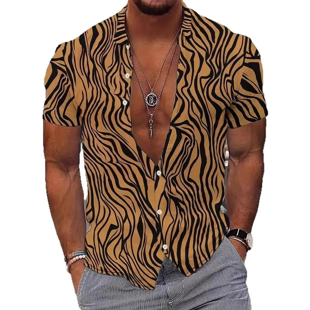Men's geometric line print short sleeve shirt in slim fit cardigan style