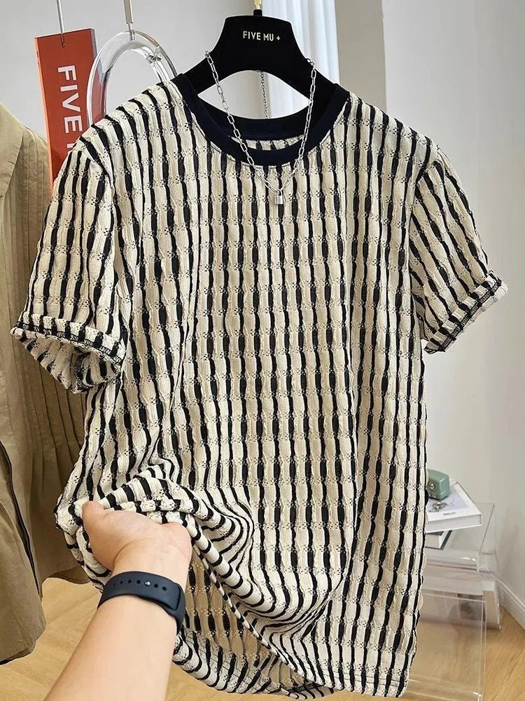 Men's black striped linen shirt with loose fit and short sleeves