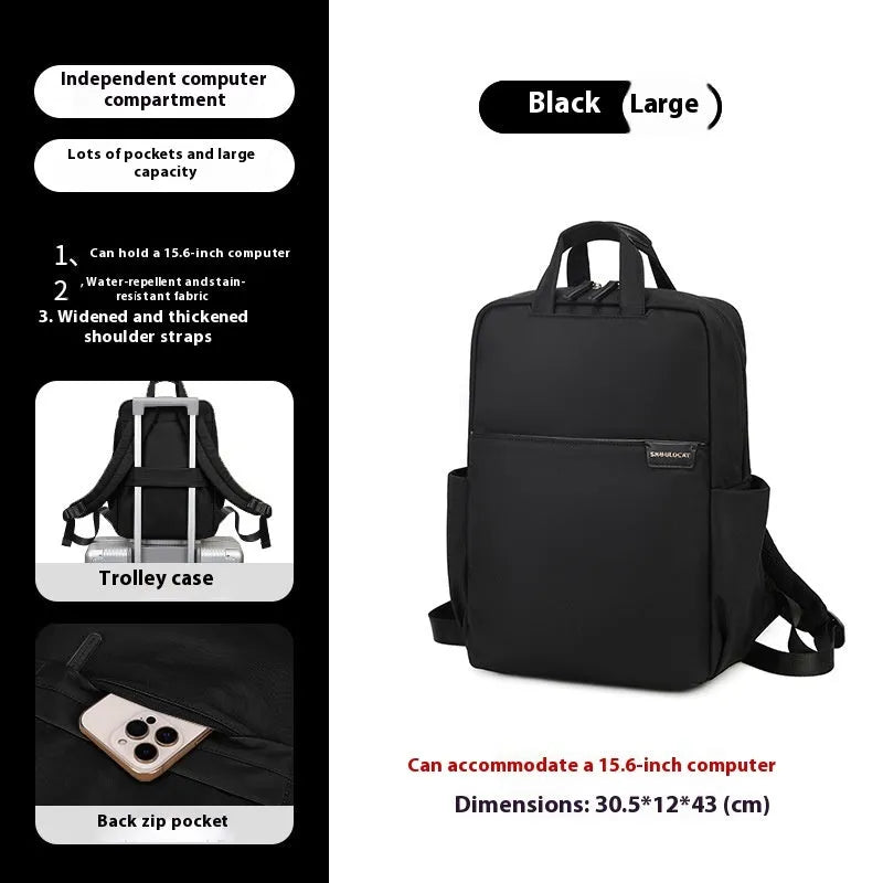 Large nylon women's travel backpack in apricot colour showing internal laptop compartment and multiple pockets.