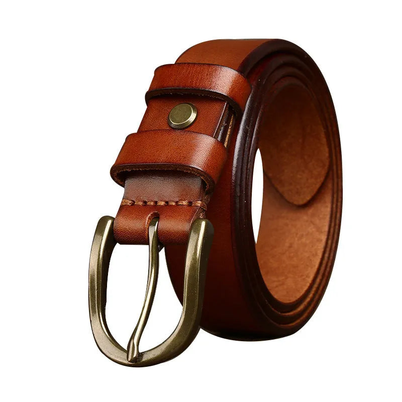 Men's genuine leather belt with 3.3cm wide copper buckle, handmade vegetable tanned, available in black brown khaki and red brown