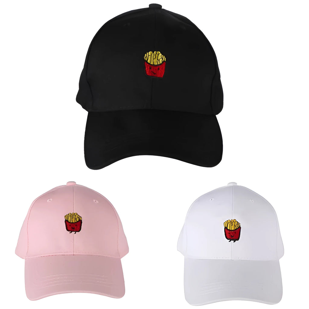 Cotton embroidered baseball cap with letter pattern and curling eaves in black, white, or pink.