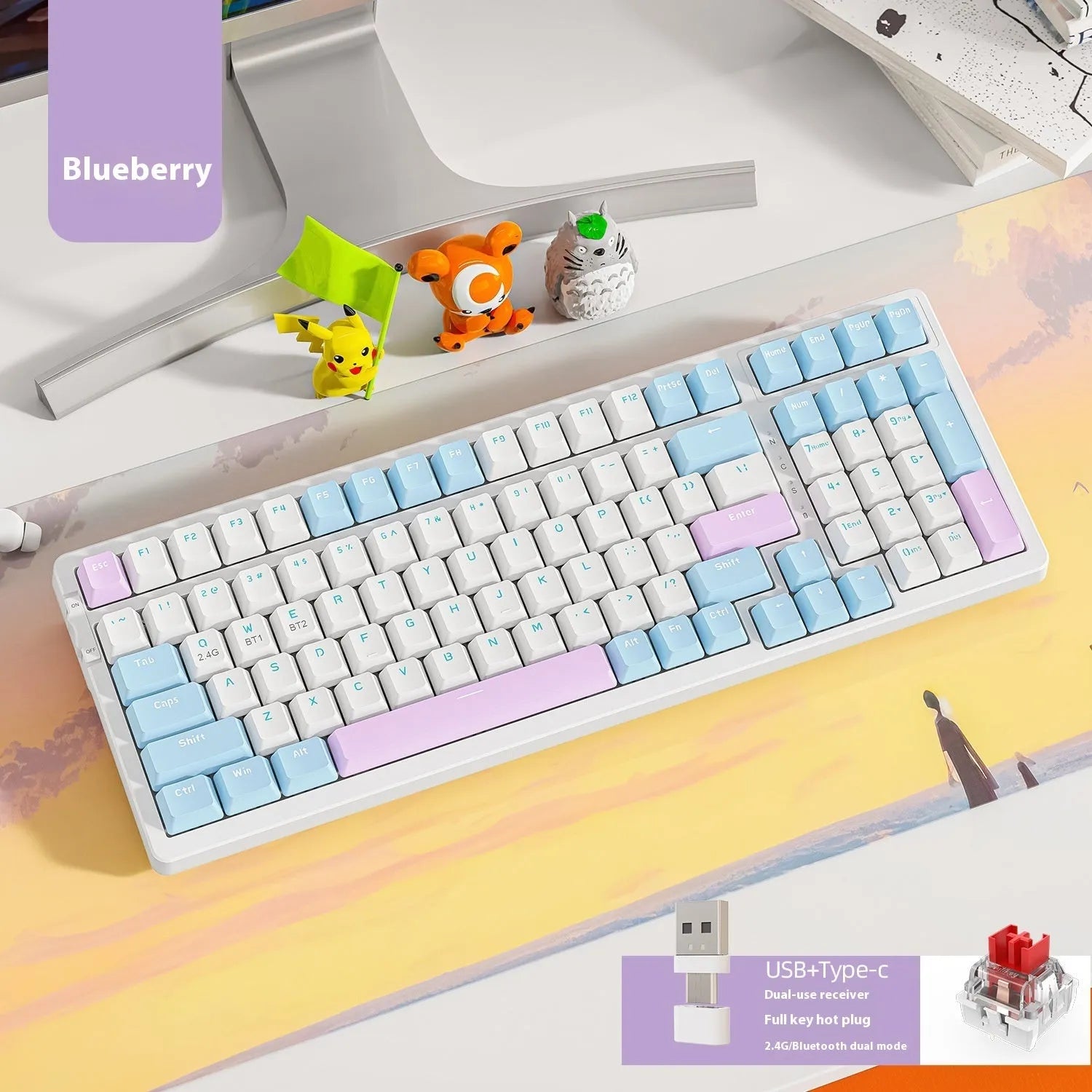 Free Wolf K96 Bluetooth and wired dual-mode mechanical keyboard with hot-plug red switches on a desk.