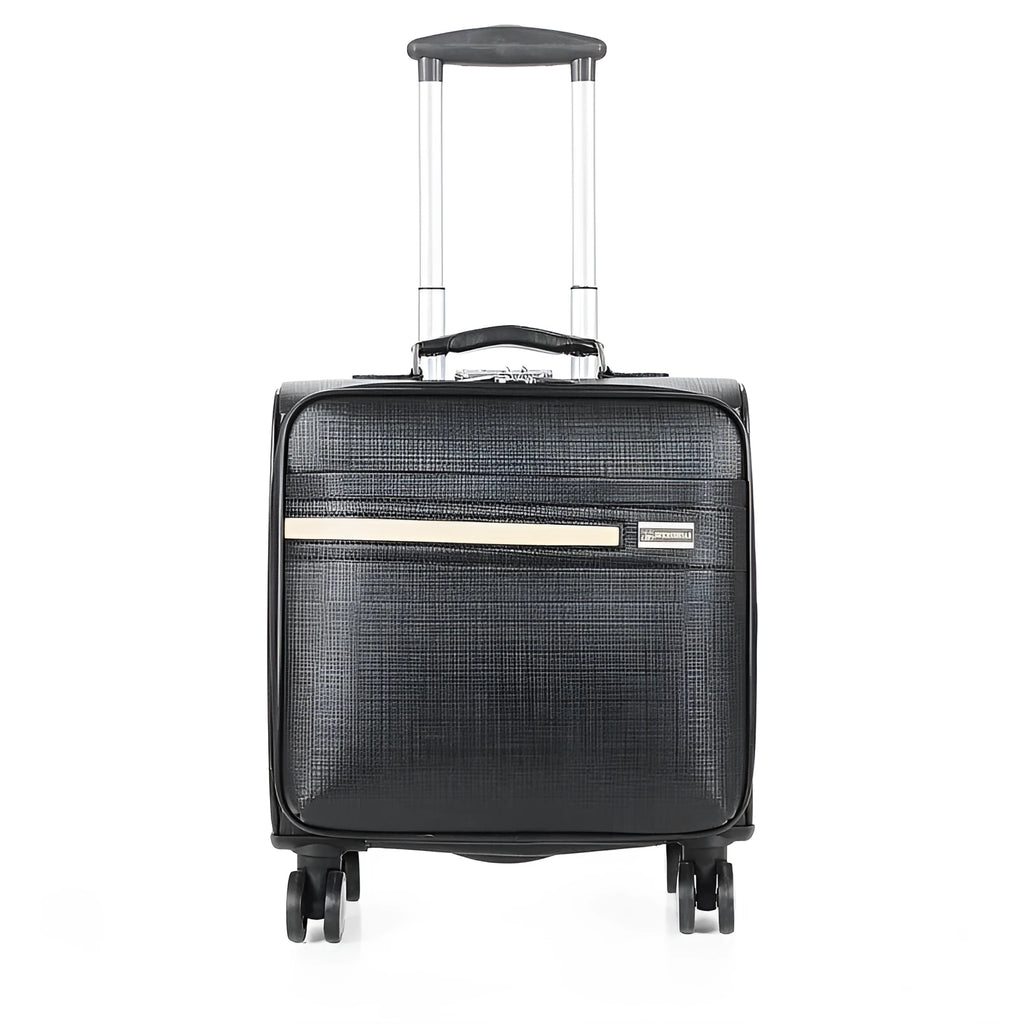 Black 18-inch PU leather business case with retractable handle, TSA lock, and airplane wheels.