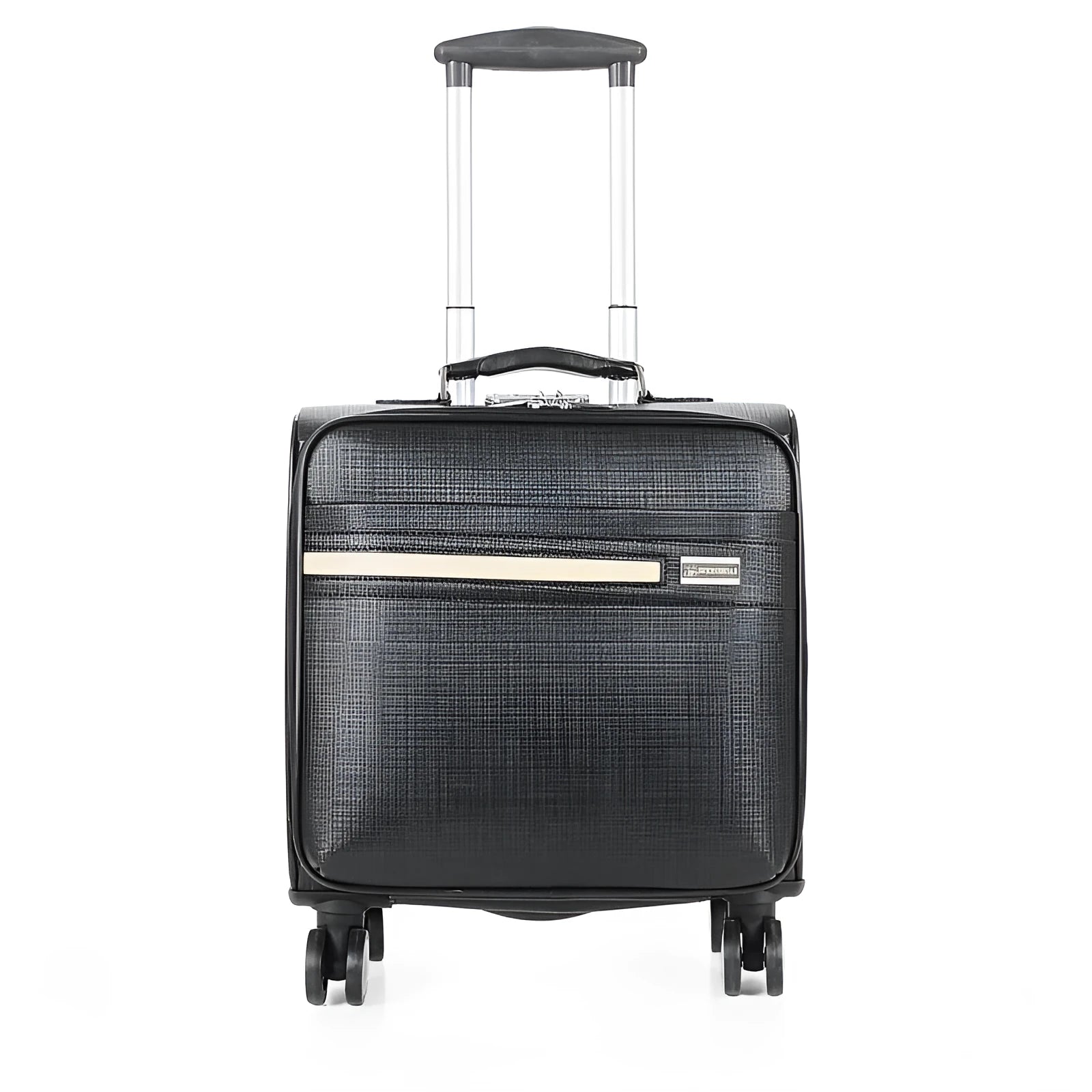 Black 18-inch PU leather business case with retractable handle, TSA lock, and airplane wheels.