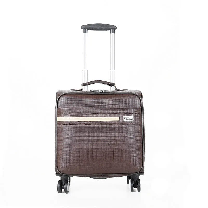 Black 18-inch PU leather business case with retractable handle, TSA lock, and airplane wheels.