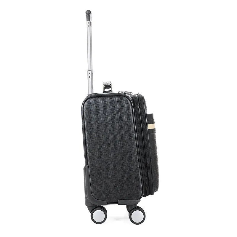 Black 18-inch PU leather business case with retractable handle, TSA lock, and airplane wheels.