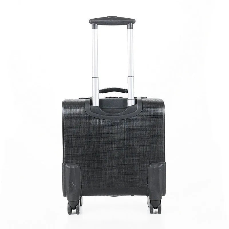 Black 18-inch PU leather business case with retractable handle, TSA lock, and airplane wheels.