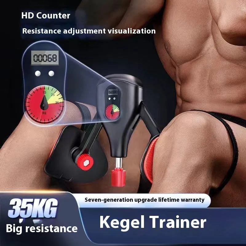 Black and grey men's Kegel trainer for PC muscle exercise, shown with optional straps and handle.