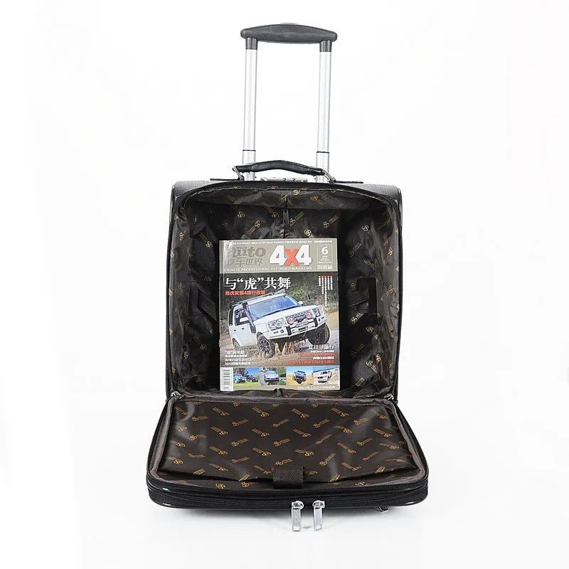 Black 18-inch PU leather business case with retractable handle, TSA lock, and airplane wheels.