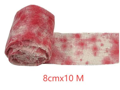 Bloody red polyester Halloween bandage roll showing 8cm width and textured surface for costume use.