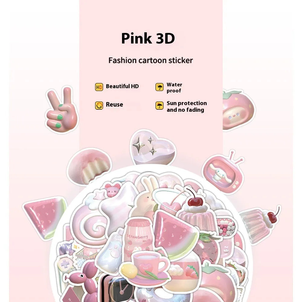 Close-up of realistic 3D decorative stickers showing pink girl and heart designs from a 63-piece set.