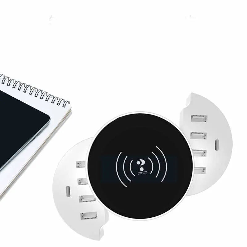 Ceramic white circular wireless charger with cable and international adapters for EU UK US outlets