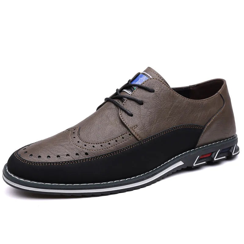 Men's black leather casual shoes with a low top, rubber sole, decorative stitching, and a leather toe cap.
