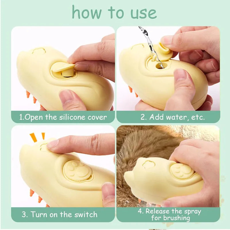 3-in-1 steamy pet grooming brush with ergonomic handle for cats and dogs